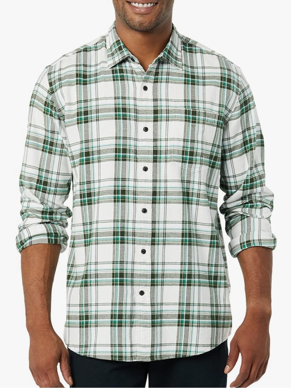 Amazon Essentials White and Green Plaid Long-Sleeve Button-Down Shirt